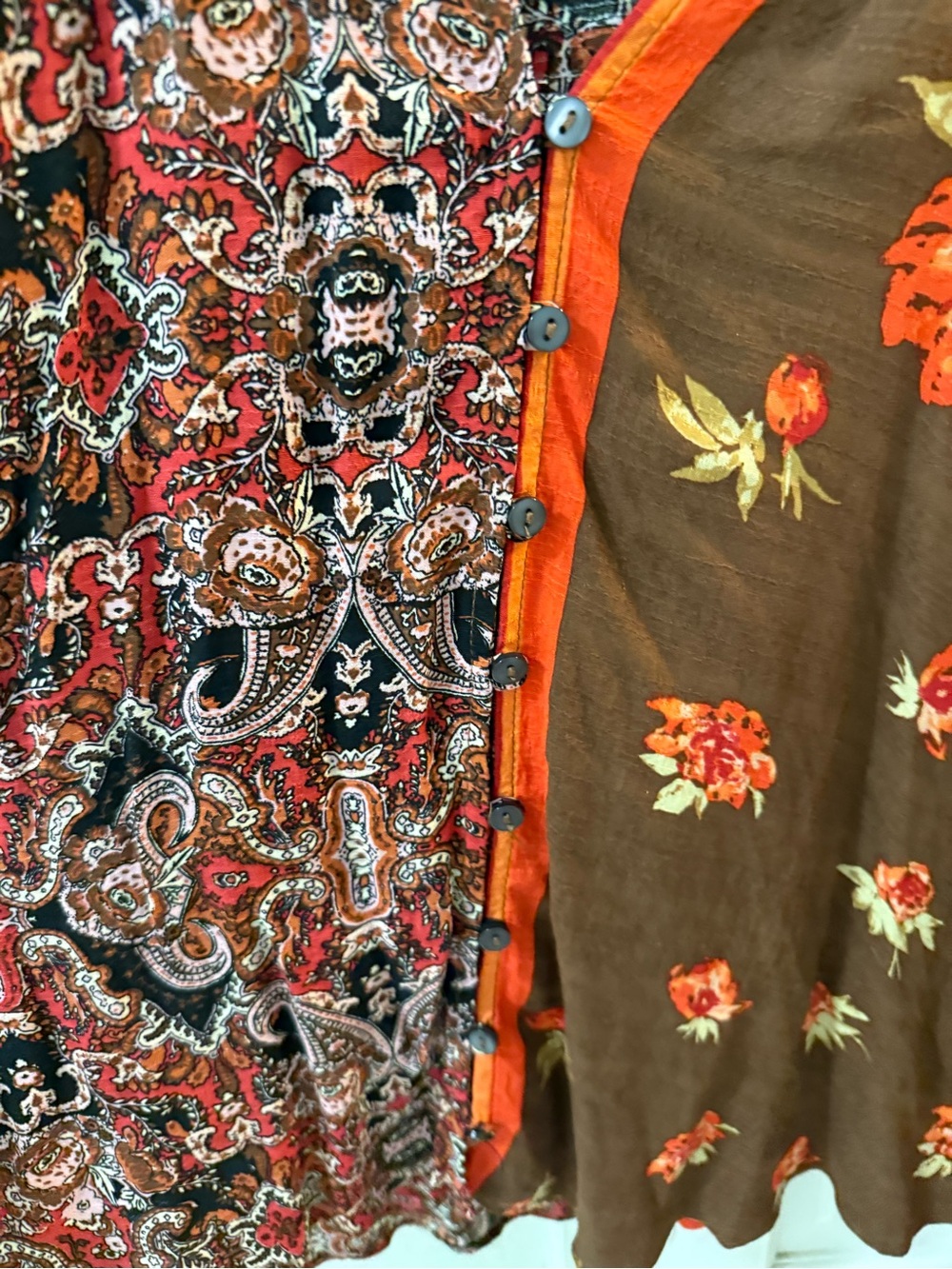Free People Size Medium Floral Brown Orange Cream Smocked Top - Picture 3 of 4